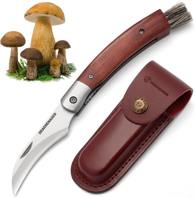 DRACHENADER Mushroom Knife N-1, 8.15" Folding Mushroom Knife with Brush, Leather Sheath, 5Cr14MoV Stainless Steel Blade, secure Liner-Lock Design for Foraging and Harvesting - Image 1